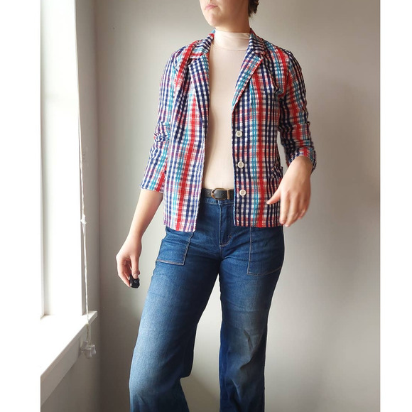 Vintage 70s Lightweight Plaid Seersucker Blazer - Picture 4 of 8